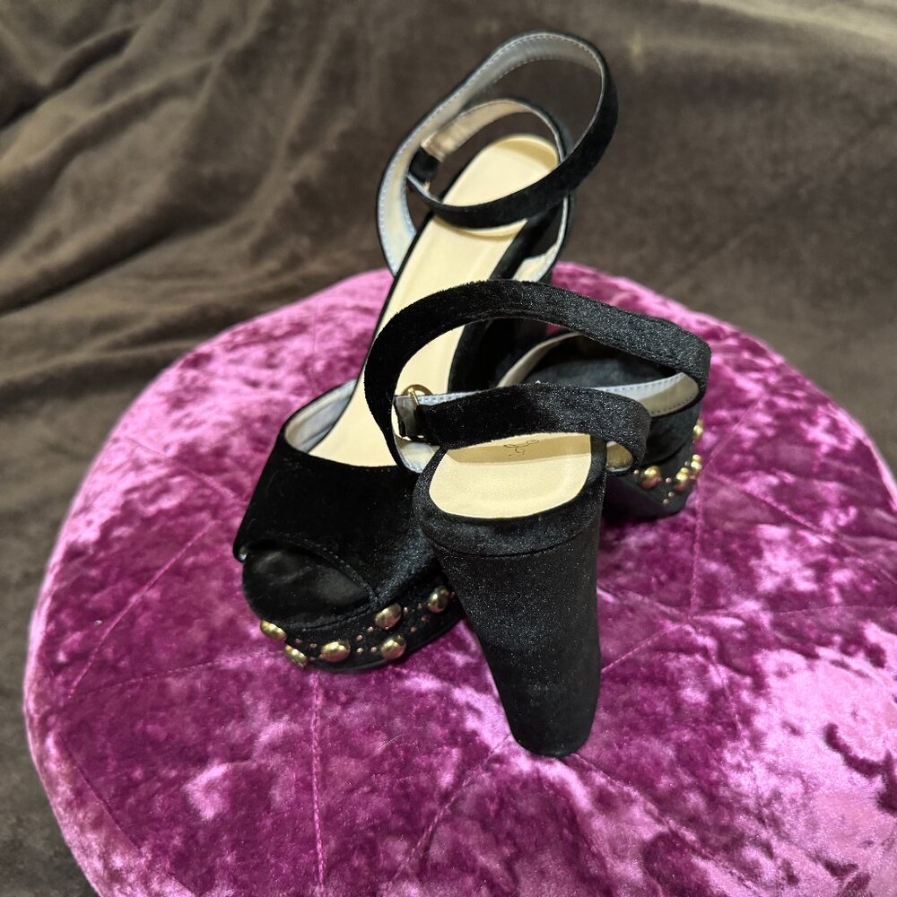 Black and Gold Stud Peep Toe Platform Sandal Heels w/velvet Fabric & Ankle Strap